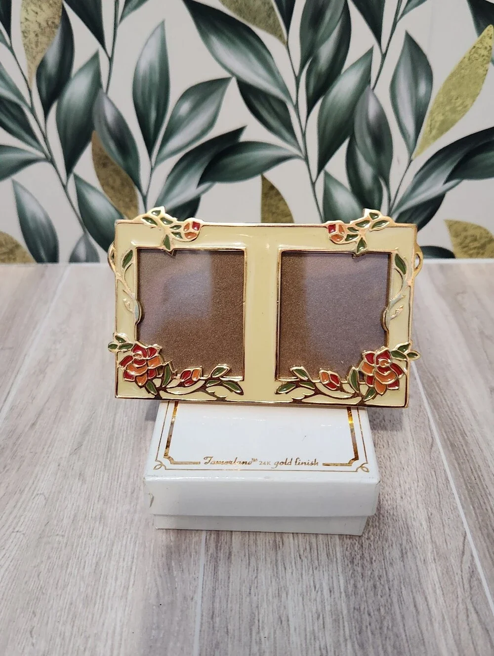 Vintage Tamerlane 24K Gold Finish Floral Enamel Double Picture Frame Boxed